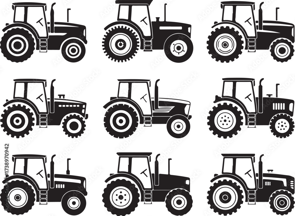 Fototapeta premium Diverse tractor silhouettes for agriculture and industry