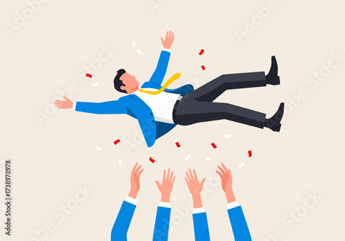 A triumphant businessman is joyfully tossed into the air by his colleagues, celebrating a shared victory amidst a shower of confetti. Vector Illustration.