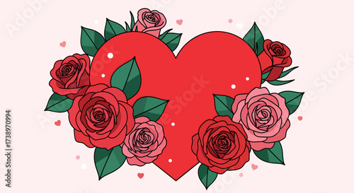 A beautiful hand-drawn illustration of a vibrant red heart elegantly framed by a lush bouquet of red and pink roses