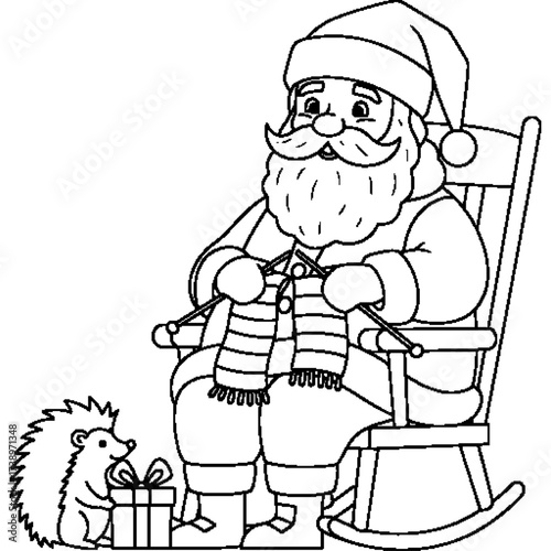 A creative design for the winter holidays, featuring Santa Claus knitting and a hedgehog with gifts. This vector art is an ideal element for a coloring book or greeting card.