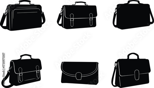 Professional business briefcase silhouettes, messenger bag icons, corporate luggage design set, office accessory collection, fashion portfolio branding, minimalist vector illustration