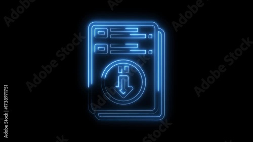 Neon style documents download icon animation glowing blue outline on black background