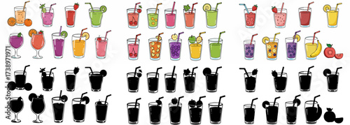 Colorful fruit and black drinks collection in glasses