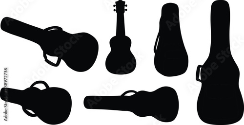Silhouette guitar, black guitar cases, musical instrument storage, acoustic electric guitar, protective hard case, music equipment, isolated vector illustration