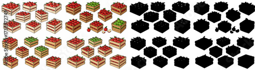 Crates of apples and apple silhouettes for design