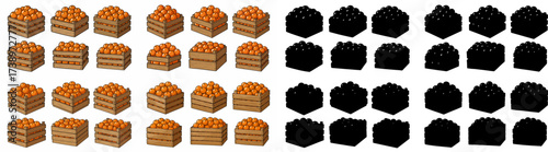 Orange fruit in crates and isolated fruit shapes