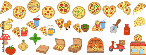 Pizza Doodle Food Set with Slices, Toppings, Delivery Icons, Drinks, and Ingredients