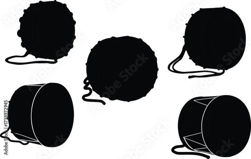 Silhouette bass drum collection, marching percussion instruments, rope tension and rod tension drum designs, parade music equipment, black vector illustration