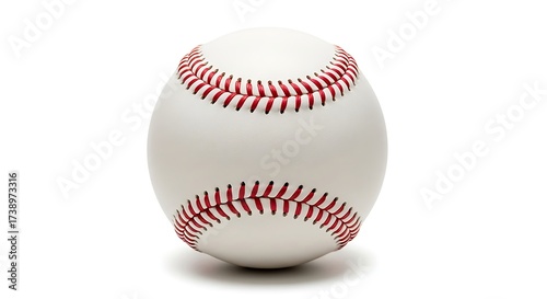 A close-up studio shot of a white baseball with red stitching on a white background.