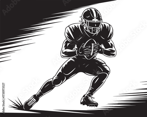 Dynamic football player runs with ball, ready to score
