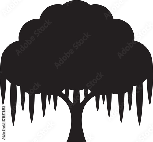 Black silhouette of a weeping willow tree with drooping branches isolated on transparent background