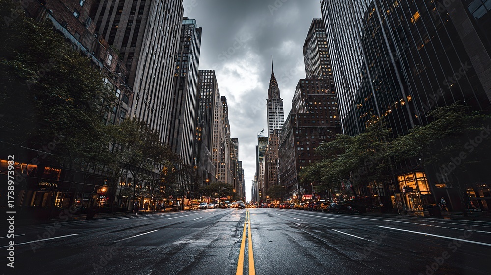 Naklejka premium Wide-angle view of empty city street lined with tall skyscrapers under a moody sky 