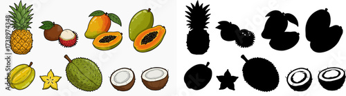 Tropical fruits collection with shadows