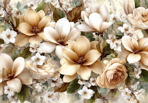 Elegant floral arrangement with magnolias, roses, and delicate white blooms