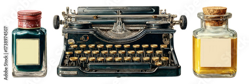 Vintage Typewriter with Ink Bottles and a Clear Background