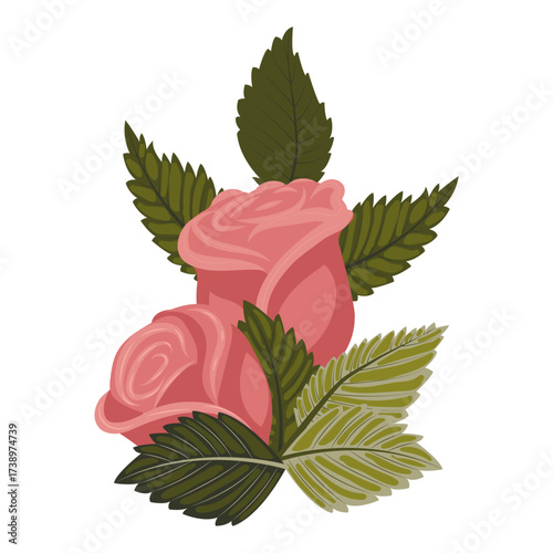 Two elegant dusty pink roses with branches and leaves. Vector illustration on a white background.
