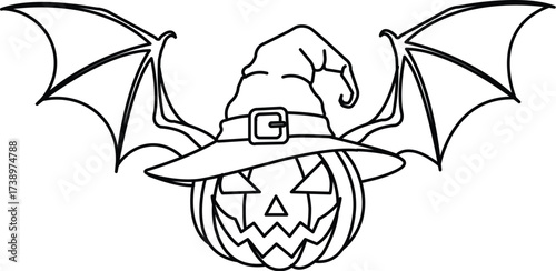 Vector art of halloween pumpkin with bat wings and witch hat