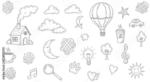 A whimsical collection of hand-drawn illustrations featuring a house with smoke, clouds, a hot air balloon, celestial bodies, and various everyday objects.