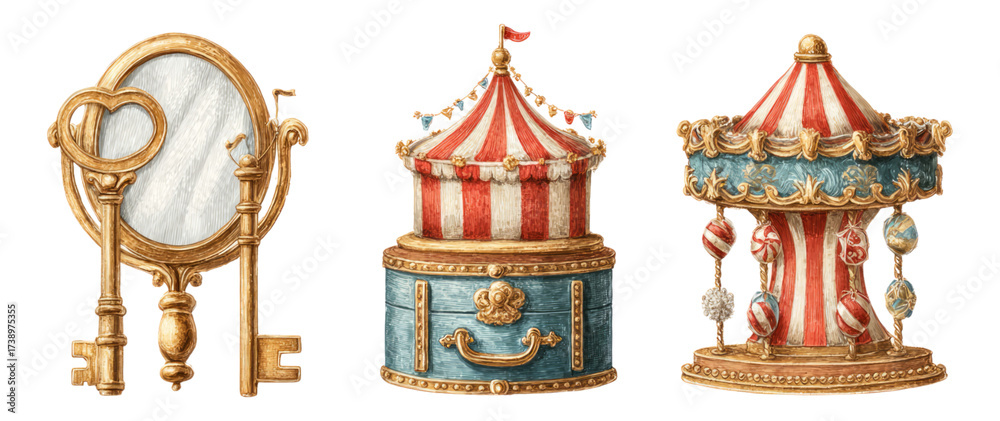 Fototapeta premium Vintage Circus Props with Mirror, Tent, and Carousel Design