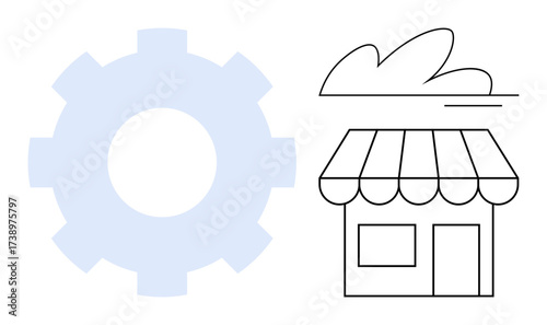 Gear icon next to a storefront with a cloud above, symbolizing business automation, technology, and innovation. Ideal for commerce, development, economy, startup, process solutions simple flat