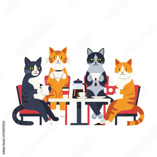 Four cartoon cats sit at a table, drinking coffee from cups, with a carafe of coffee on the table.