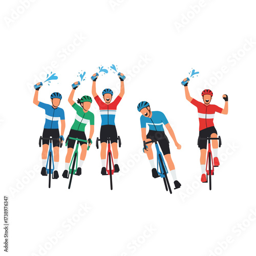 Cyclists celebrate a victory by splashing water bottles in the air, showing joy.