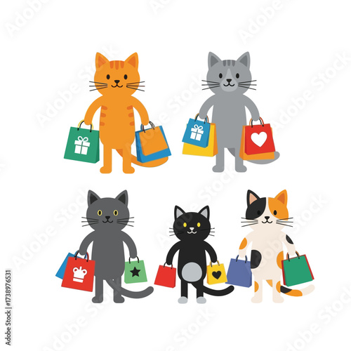 Five cartoon cats of different colors holding shopping bags with various gift icons on a white background.