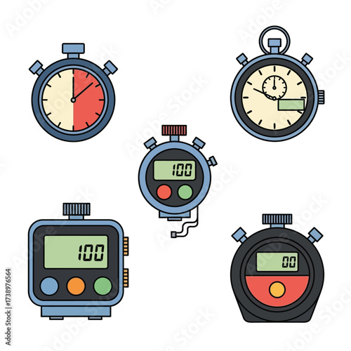 A collection of five different stopwatch illustrations, including both analog and digital designs.