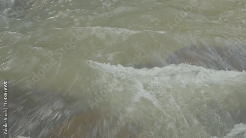 A ungraded zoomed medium to close shot a a river cascade seeing the turbulent water.