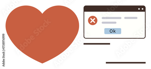 Large red heart beside a web browser pop-up with an error icon and an Ok button. Ideal for love, online dating, heartbreak, emotional conflict, rejection, technology, modern relationships. Simple