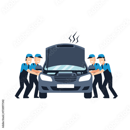 Four mechanics in blue uniforms pushing a broken-down car with its hood open and smoke rising, indicating engine trouble.