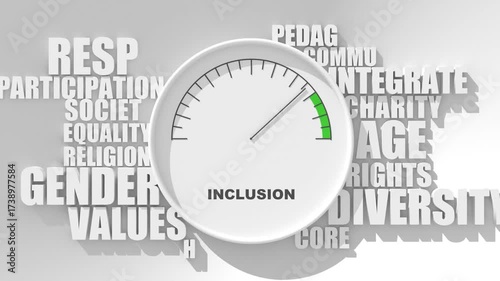 Inclusion - state of being included or being made a part of something. Words cloud with measuring device.