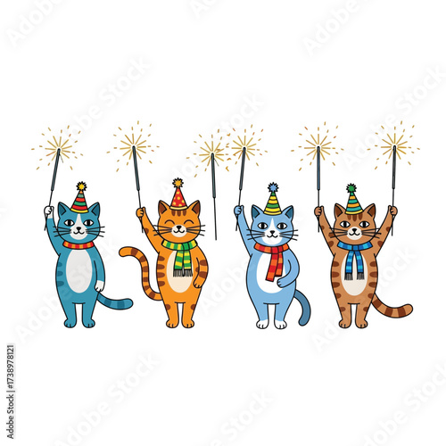 Four cartoon cats celebrating with sparklers and party hats, a festive occasion.