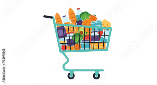 A Cart Full of Groceries Colorful and Fresh Produce Shopping Illustration