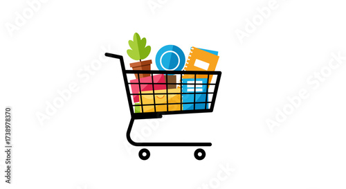 Shopping Cart Full of Groceries and Items - Flat Design Illustration