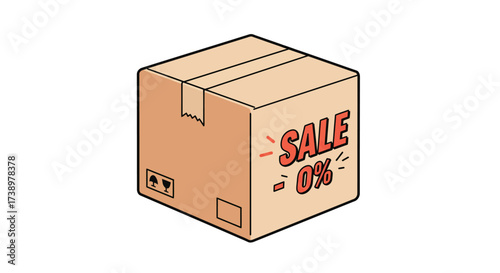 Cardboard Box Illustration with Sale Label for Delivery and Promotions