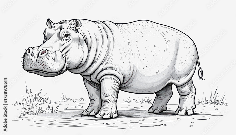 Fototapeta premium Cartoon rhinoceros character featuring a simple outline style for engaging coloring page fun on a white background
