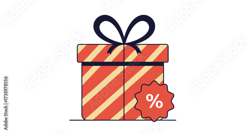 Wrapped Gift Box with Discount Percentage Tag, Vector Illustration
