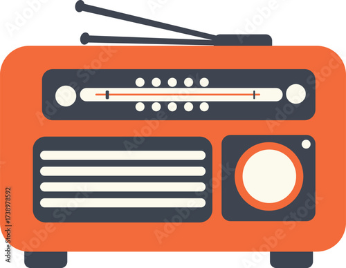 Vintage Orange Radio Flat Design Antenna Speaker Dial Music Broadcast Icon Vector
