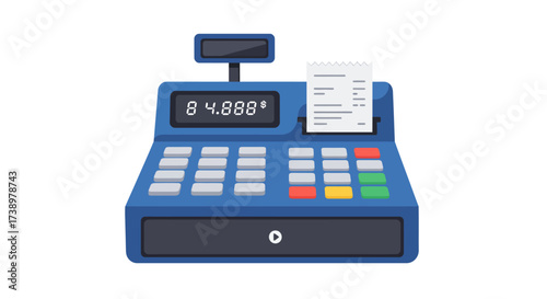 A Blue Cash Register with a Receipt and Display