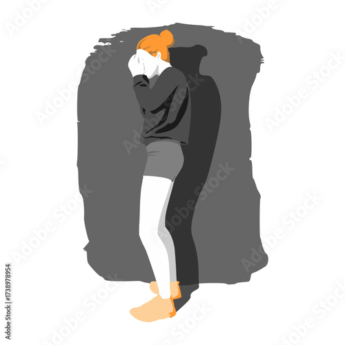 Abused young woman trying to hide and defend herself. Stop violence against women. Concept of family scandal, crisis, domestic violence, abuse. Crying woman being harassed and bullied by her partner.