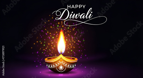 ​A Happy Diwali Greeting With A Glowing Diya And Colorful Light Particles On A Dark Purple Background
