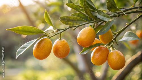 Closeup of fresh kumquat fruit growing on a tree branch in an orchard on a sunny day