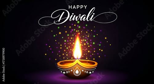 ​A Happy Diwali Greeting With A Glowing Diya And Colorful Light Particles On A Dark Purple Background
