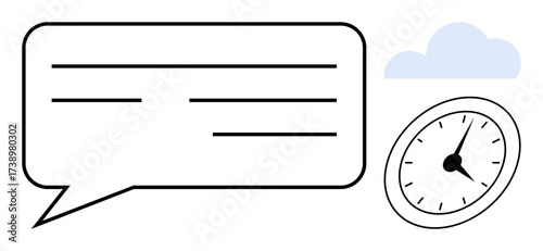 Minimal clock tilted beside speech bubble with text lines and soft cloud graphic. Ideal for time management, productivity, efficiency, scheduling, teamwork, organization, simple flat metaphor