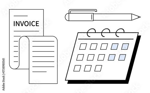 Invoice document, pen, and calendar highlight task management, financial organization, deadlines, and payment scheduling. Ideal for planning, budgeting, billing goals scheduling office