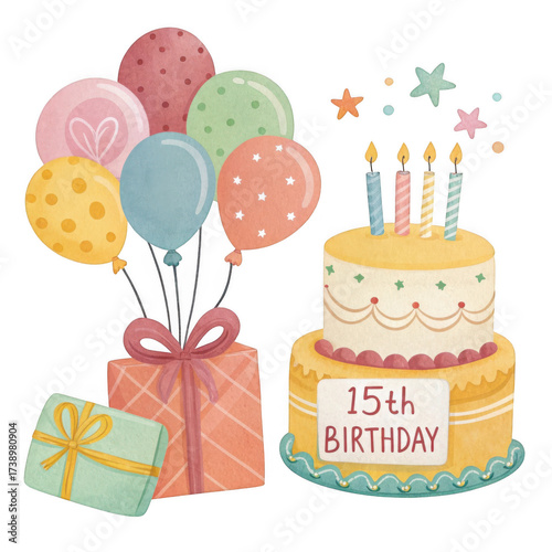 Colorful birthday celebration with cake balloons and gifts isolated on transparent background