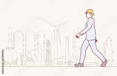 Walking industrial worker or engineer silhouette featuring energy generation and infrastructure icons. Project management, engineering and safety inspection.