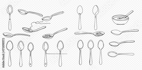 Illustration of various spoons and a bowl with a spoon in it.