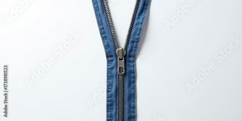 Close-up view of a partially opened denim zipper against a plain white backdrop, showcasing the metallic slider and detailed stitching